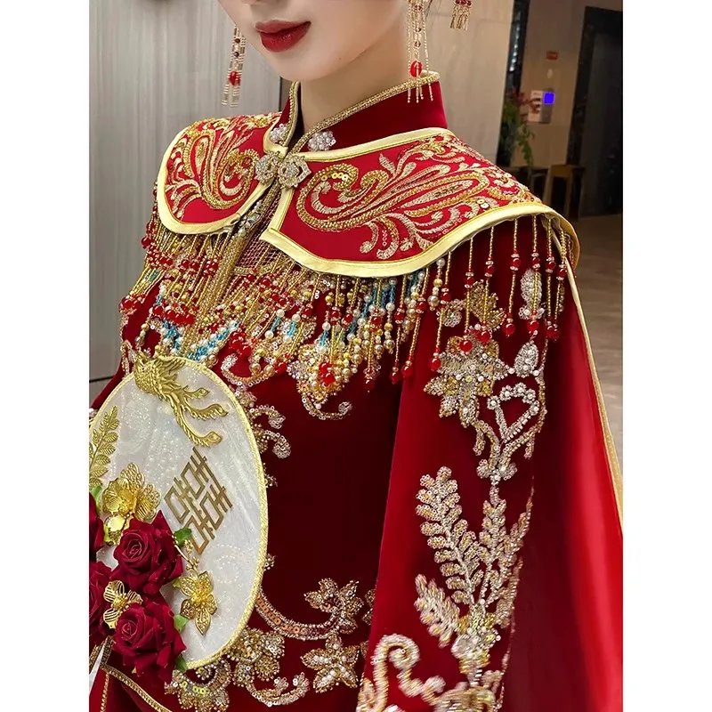 Mingli Tengda Red Cloak Bride Wedding Chinese Style Shawl Long Tail Phoenix Crown Xiapei Large Cloak Long Cloak Embroidery Coat