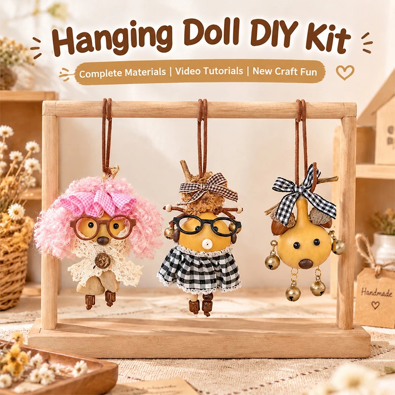 DIY Natural Gourd Hanging Doll Craft Kit Handmade Wooden Nut Pendant Making Set with Parent-child Art Craft Project
