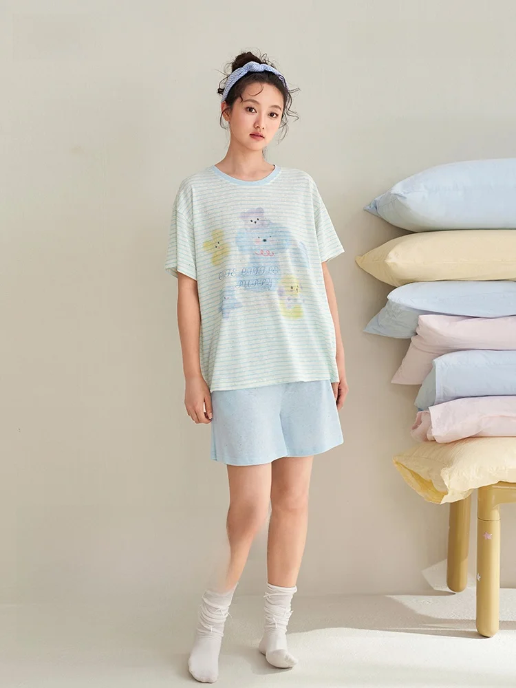 anziban-women's-summer-sleepwear-set-loose-comfortable-short-sleeve-shorts-striped-casual-home-clothes-suitable-for-outdoor