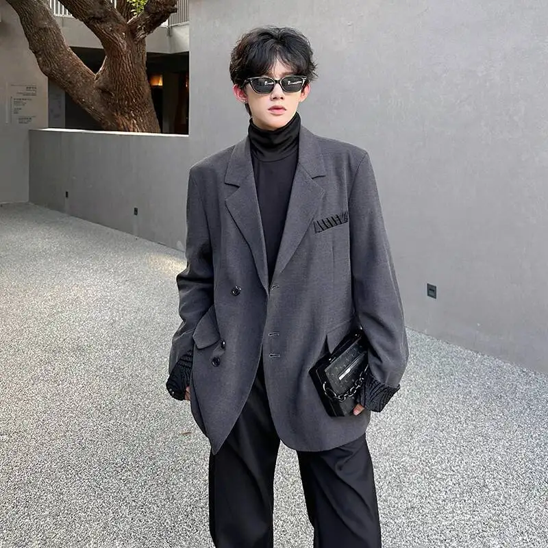 WVGA Spring Autumn New Men Tide Padded Shoulder Long Sleeve Suit Coat Niche Chic Casual Patchwork Turn-Down Collar Blazer W15925
