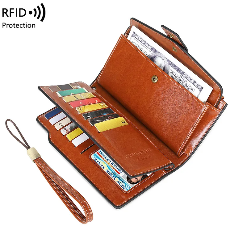 Western RFID Blocking PU Leather Women Wallet Multifunction Large Capacity Detachable Strap Purse for Ladies