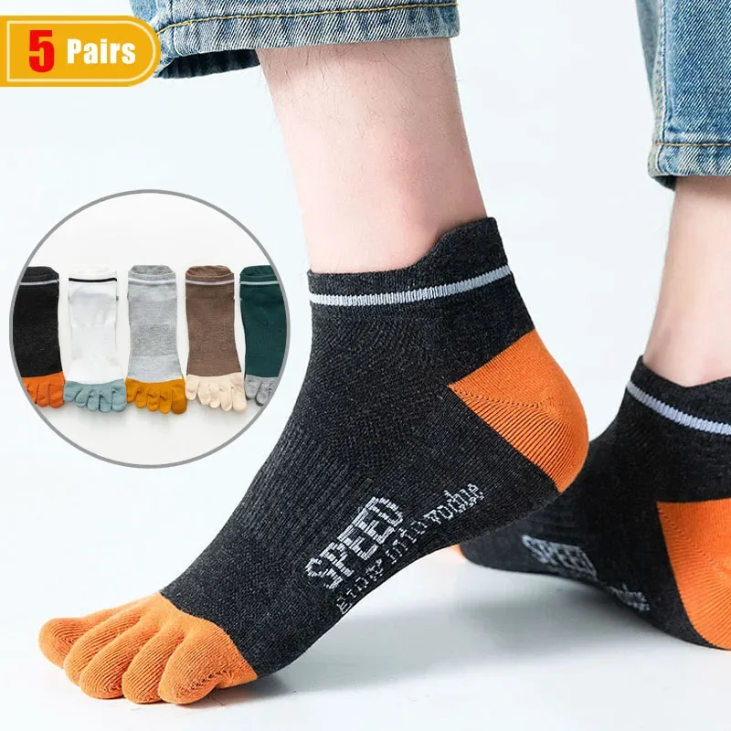 

5 Pairs Men's Summer Ankle Socks Cotton Mesh Breathable Anti-Bacterial Striped Casual Soft Elastic Five Finger Sport Toe Socks