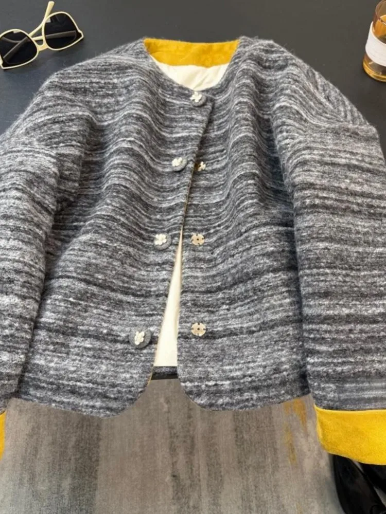 Elegante senhora moda listrado lã tweed jaqueta o pescoço único breasted inverno escritório feminino versátil para baixo casaco casual outerwear