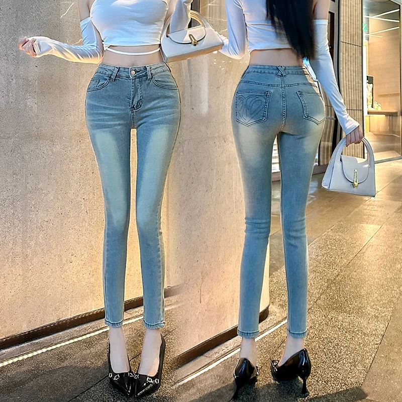 

Сексуальные корейские облегающие джинсы с высокой талией, длинные длинные джинсы из смеси хлопка и полиэстера, не растягивающаяся повседневная одежда