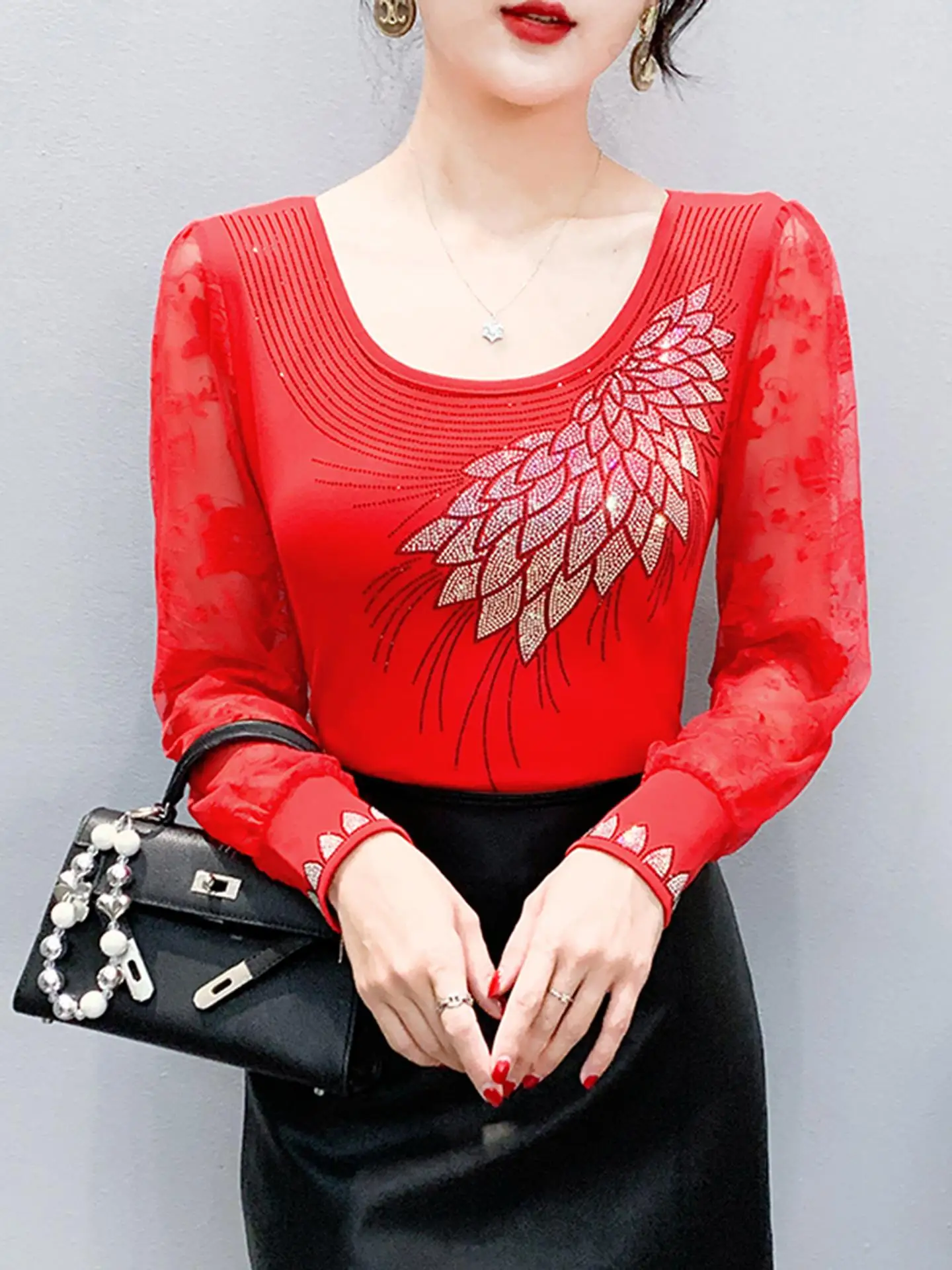 

Faionable Lace Patchwork Slim Fit Long Sve Женская базовая футболка осень-зима Европейские товары сверкающий топ с бриллиантами