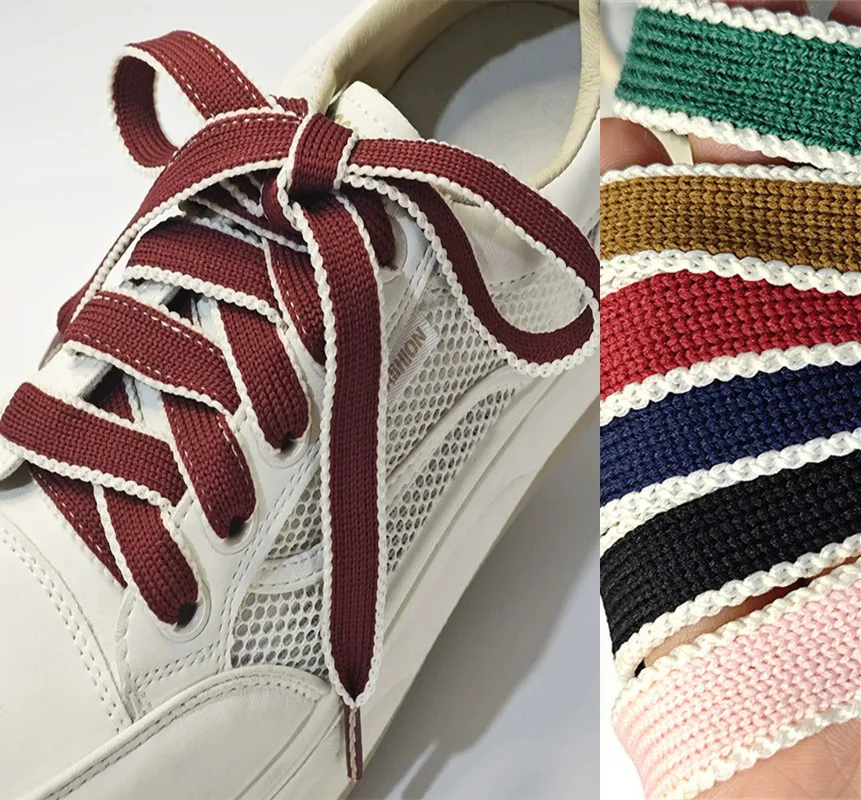 1.4cm Thick Flat Knitted Shoelaces White Edge  Shoe Laces Black Wine Red Navy Green Khaki For Men Women Sneakers Casual Shoes