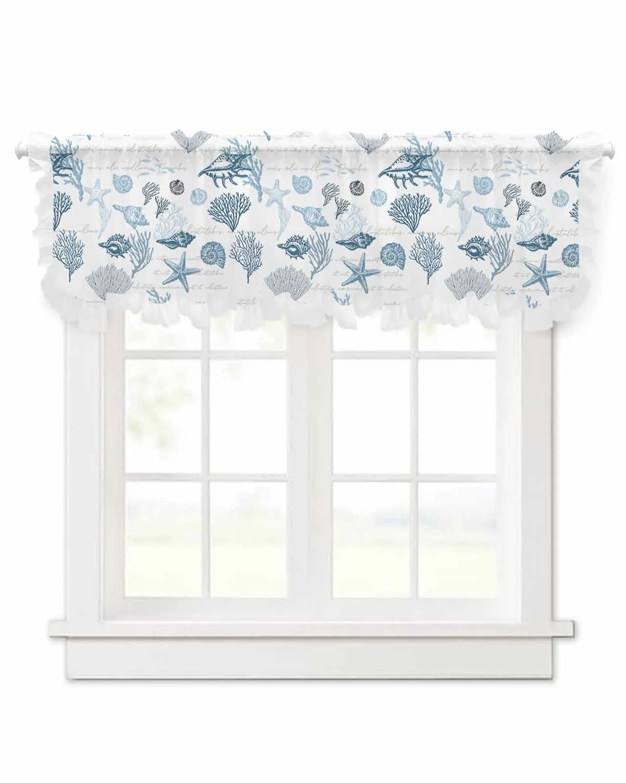 Starfish And Shells Coral Retro Short Tulle Half Curtains for Living Room Kitchen Door Cafe Window Sheer Valance Drapes