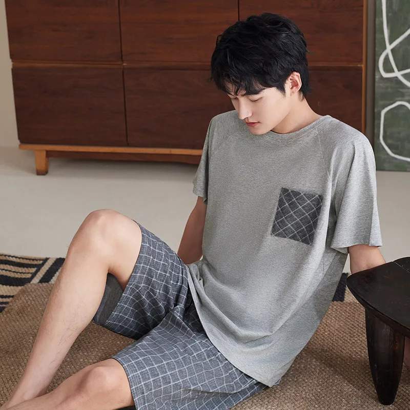 

Full Pure Cotton Mens Summer Short Sleeve Shorts Pajamas Set Big Size M-3XL Sleepwear Leisure Suits Plaid Nightwear Men Pijamas