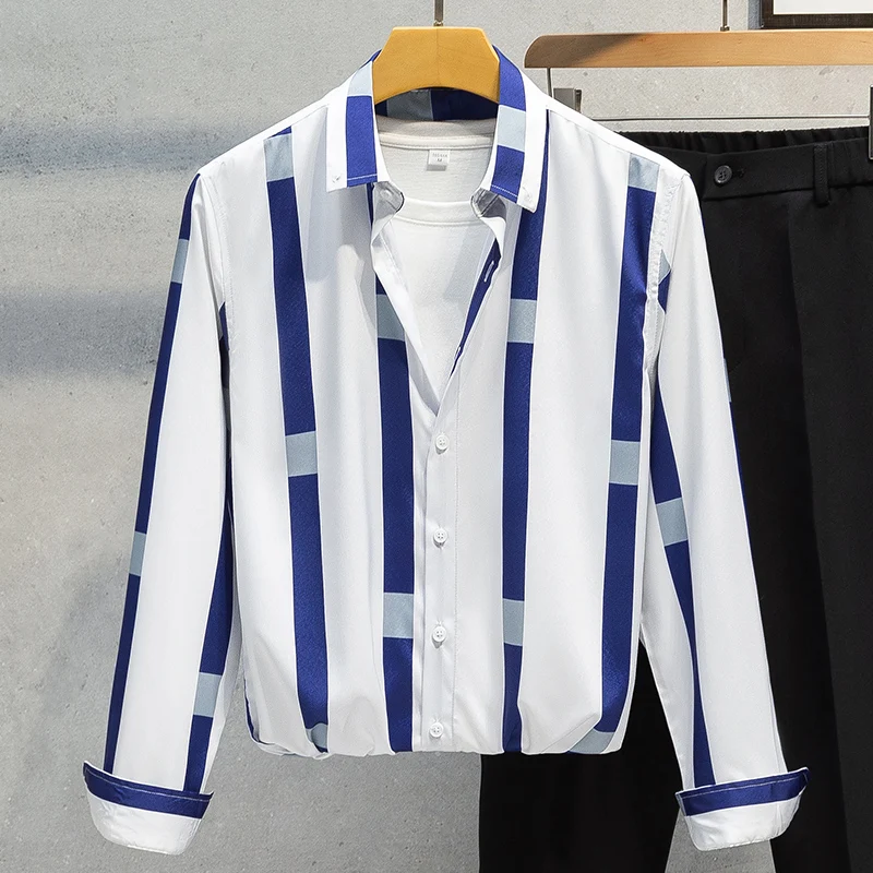 

New men's fashion selling long sleeve striped shirt male Korean version simple business casual shirt hawaiian shirt men M-5XL