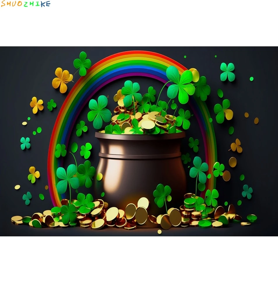Tło fotograficzne na Dzień Świętego Patryka Szczęście Zielone Liście Złoto Dziecko Urodziny Dekoracja Baner Rekwizyt do Studia Fotograficznego