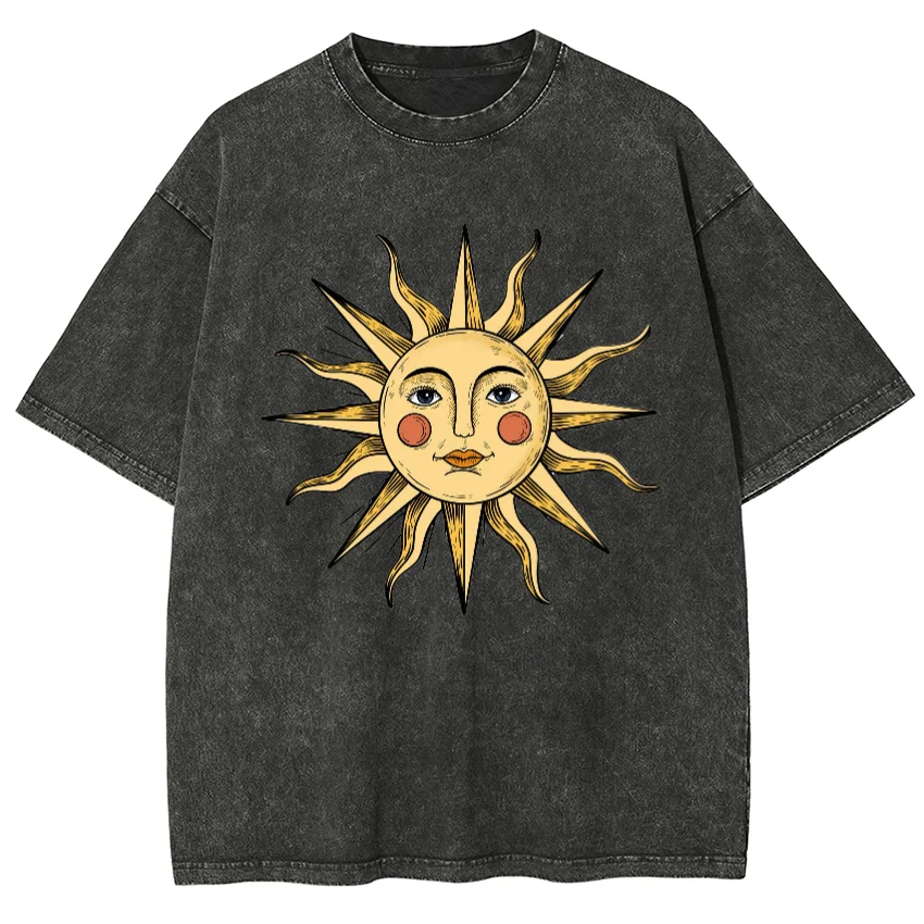 Sun Face Print Women's T-Shirt Washed Cotton Breathable High Quality Short Sleeve Oversized Men's Half Sleeve Distressed Hip Hop