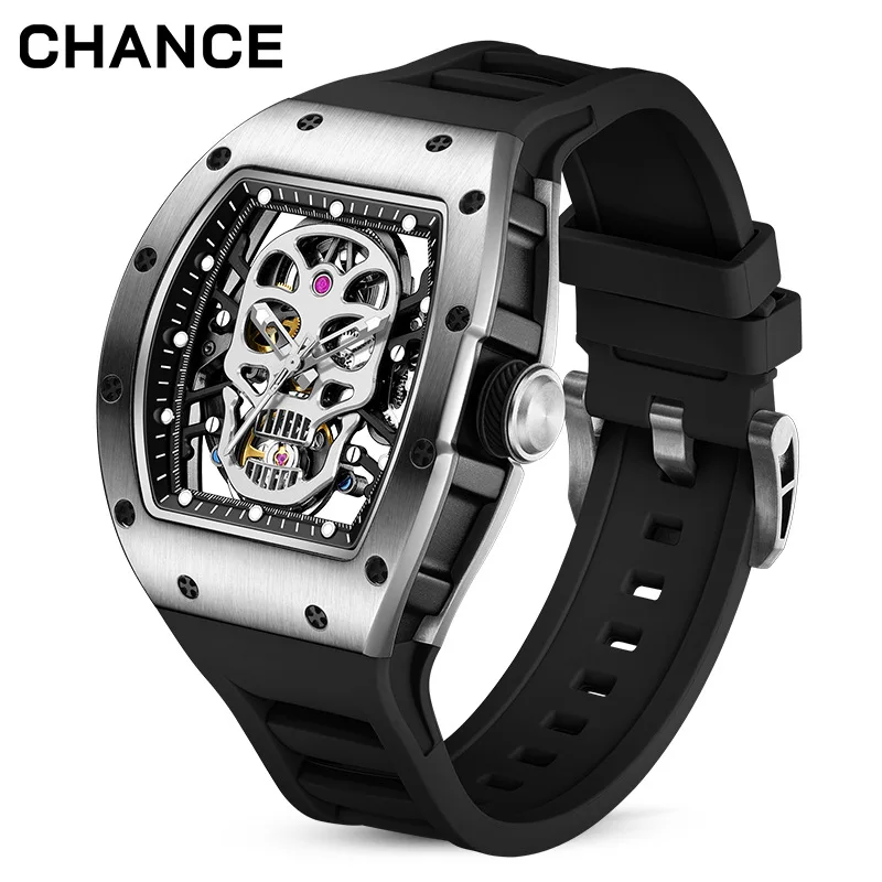CHANCE Men Watch Tonneau Casual Wristwatch Soft Silicon Band Fashion Men's Wrist Watches Hollow Out Analog Automatic Watches