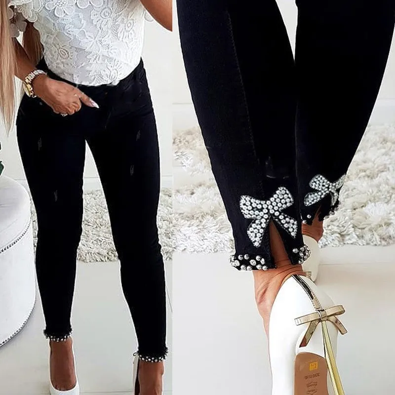 Slit Stone Embellishment Skinny Urban Jeans with Sand Washed Beaded Full Length Pencil Thin Long Commuter Chic Women Jeans