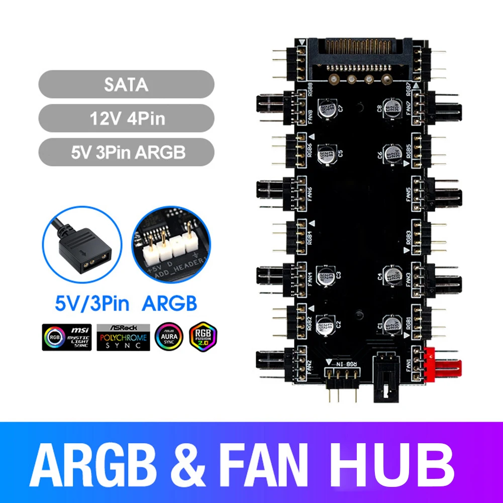 12V 4Pin/5V 3PIN Cooler Fan HUB Splitter SATA Power Supply ARGB/RGB PWM Fan Hub Fan HUB Splitter with Cable Case Fan Hub Adapter