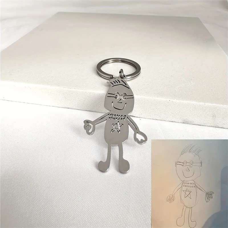 Custom Hand Drawn Keychains Personalized Children's Keychain Record Kid's Drawing Results Stainless Steel Jewelry Mon Dad Gift