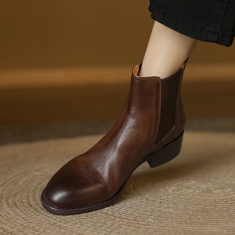 Genuine Leather Thick Heeled Round Toe Short Boots Spring Autumn Winter Botas Elastic Band Shoes Woman Cowhide Ankle Boots