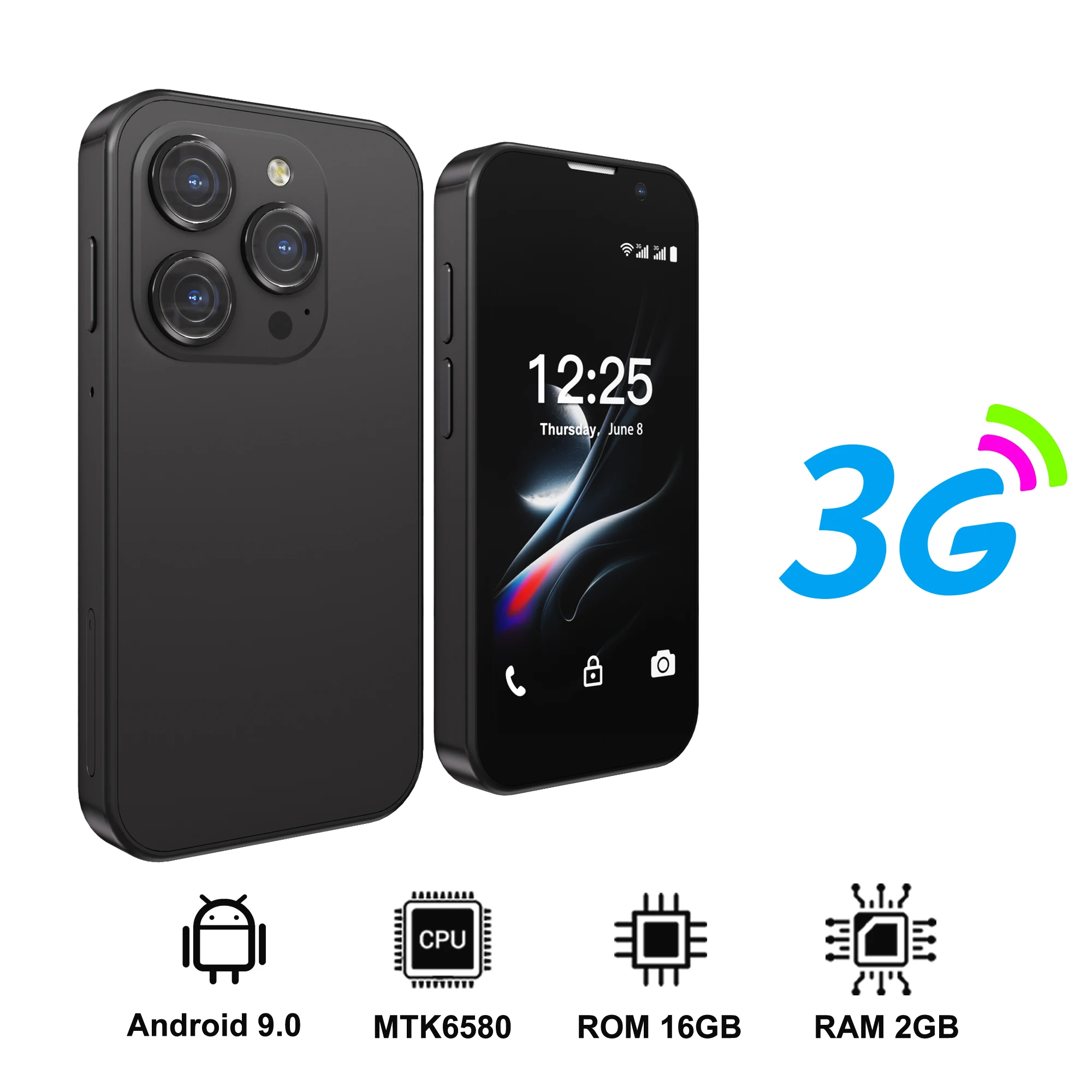 SERVO 3G Super Mini Smartphone Android 9.0 OS 2GB+16GB Gezichtsontgrendeling Play Store WiFi Hotspot 2 SIM Standby 3.0" Kleine Smartphones