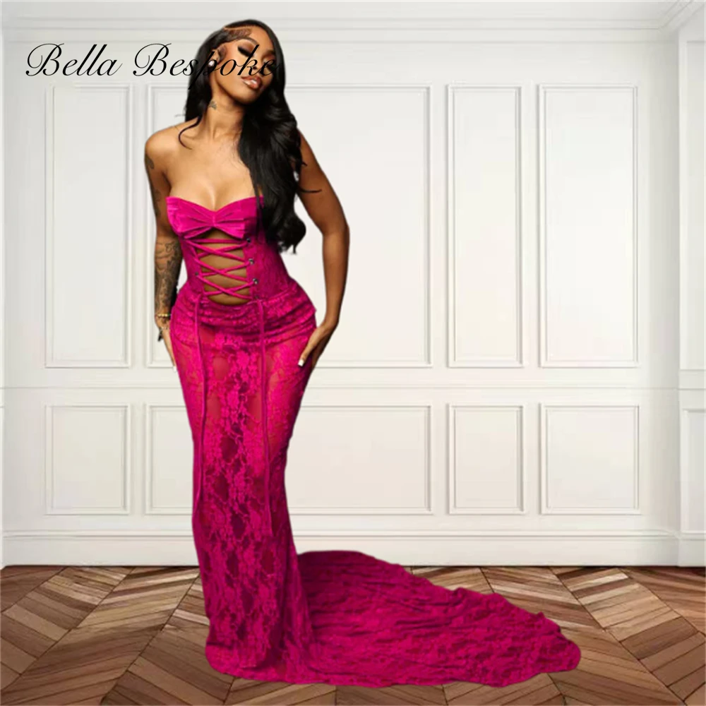 Fuchsia Strapless Long Prom Dresses For Black Girls Lace Appliques 2024 Birthday Luxury Dress Bow Evening Dresses Customized