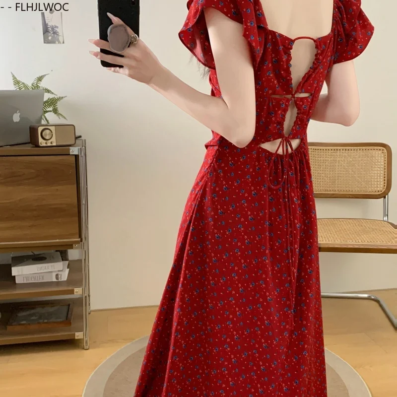 Shirring Slim Waist A Line Long Dresses New Fashion Women Short Sleeve Holiday Date Japan Girls Floral Print Retro Vintage Dress