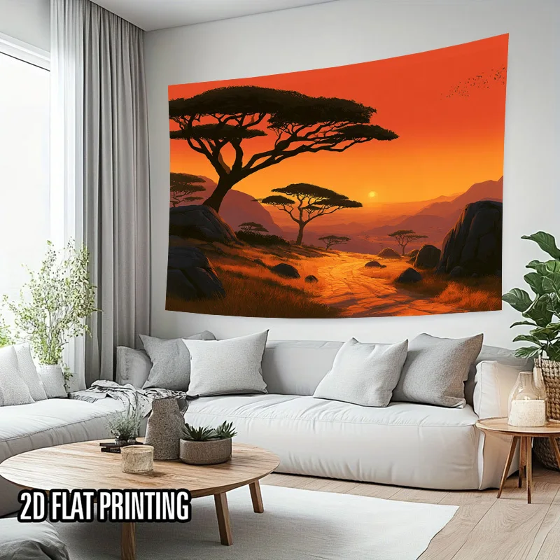 African Sunset Landscape Tapestry, acacia trees mountain valley orange sky, wall hanging for bedroom dorm living room decor