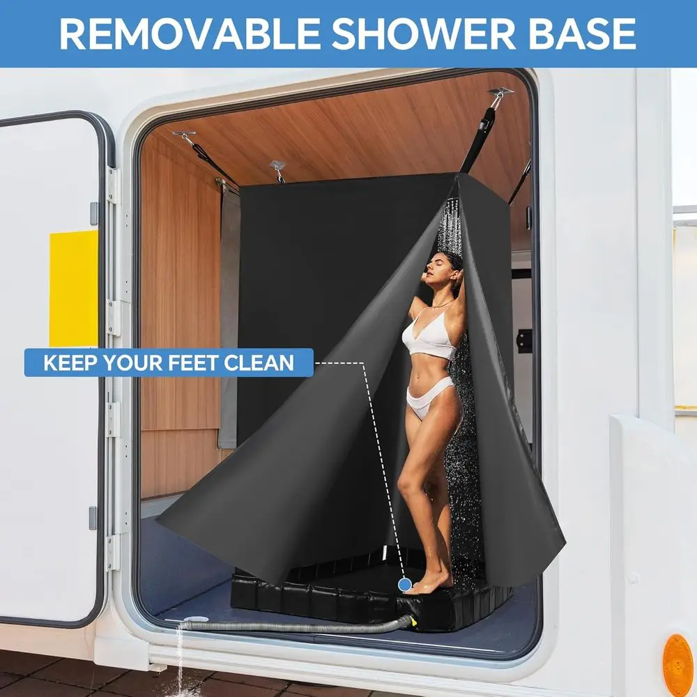 Portable RV and Camping Shower System with Tent and Drain, Foldable Pan for Outdoor Bathing