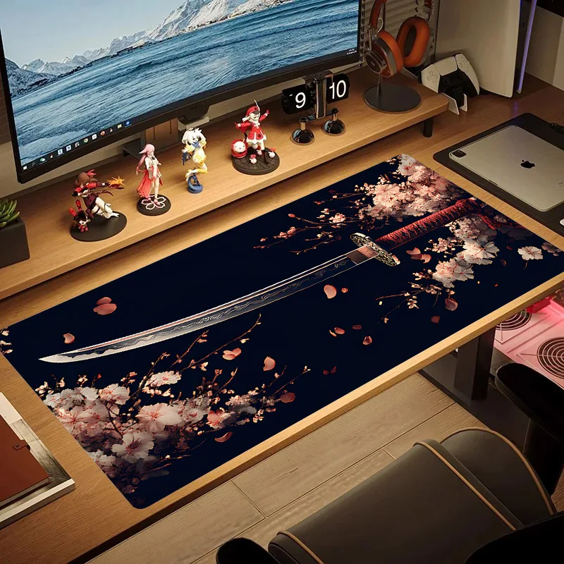 Sword Samurai and Sakura Pattern Large Size Anti-ald Rubber MouseSub, média Computer Gaming Accessrespiration, Keyboard, Desktop Decor Polymers