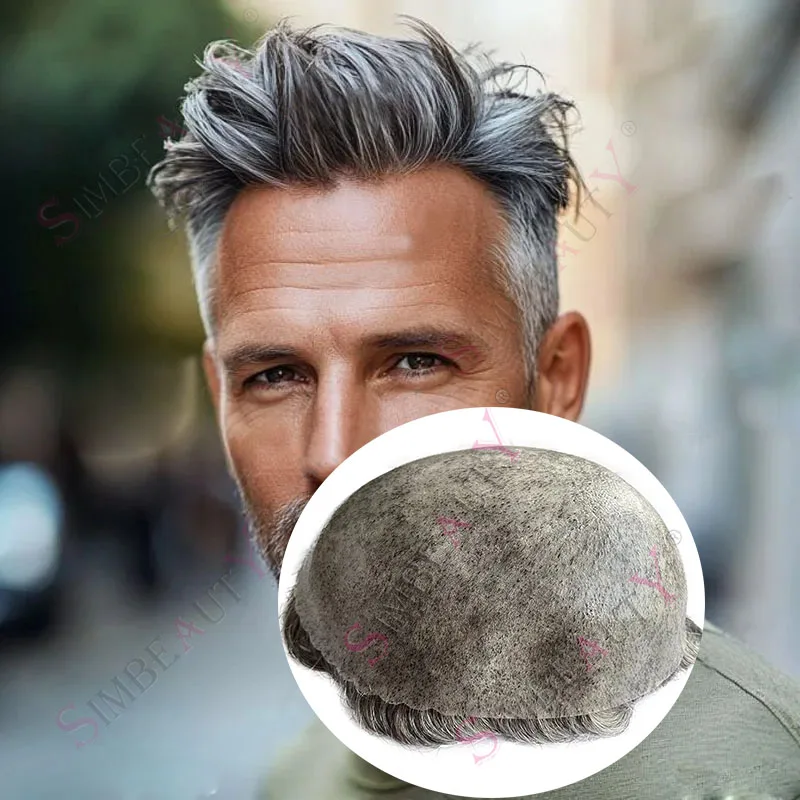 

Супер прочный, тонкая кожа, искусственная натуральная линия волос, серый 1B50, мужской парик, необнаружимые парики из человеческих волос, черный, коричневый, система протезов