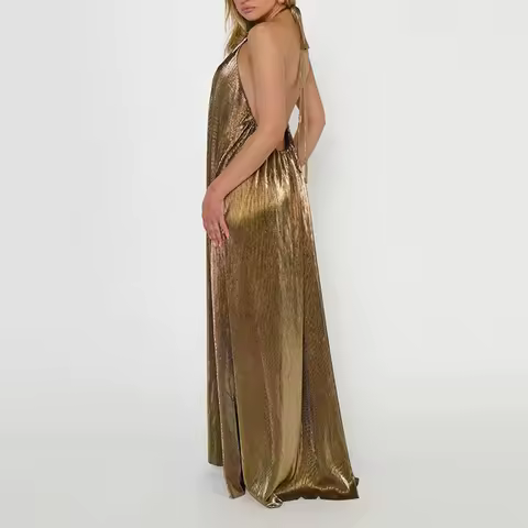 Trendy Sleeveless Off Shoulder Halter Evening Dress Elegant Lady High Waist Ruched Banquet Dress Temperament Luxury Bright Dress