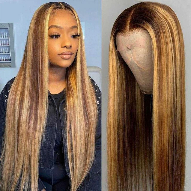 Destaque peruca reta do cabelo humano para mulheres, parte dianteira do laço, brasileiro, cabelo humano de 100%, 24 ", 13x4, 4/27