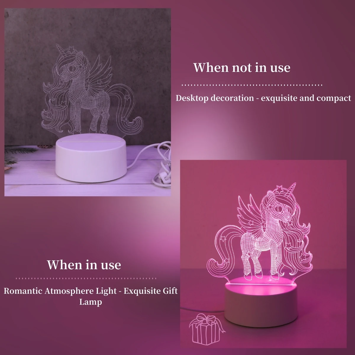 1PC 3D Night Light Creative Bedside Light Cute Unicorn Valentine\'s Day Christmas Home Decoration Romantic Atmosphere Light