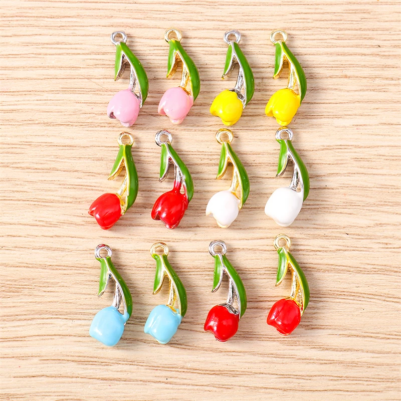 5 Stück 7x17mm Niedliche Bunte Emaille-Tulpenblumen-Anhänger für Schmuckherstellung, Ohrhänger, Halsketten, DIY-Bastelzubehör – Detail 2