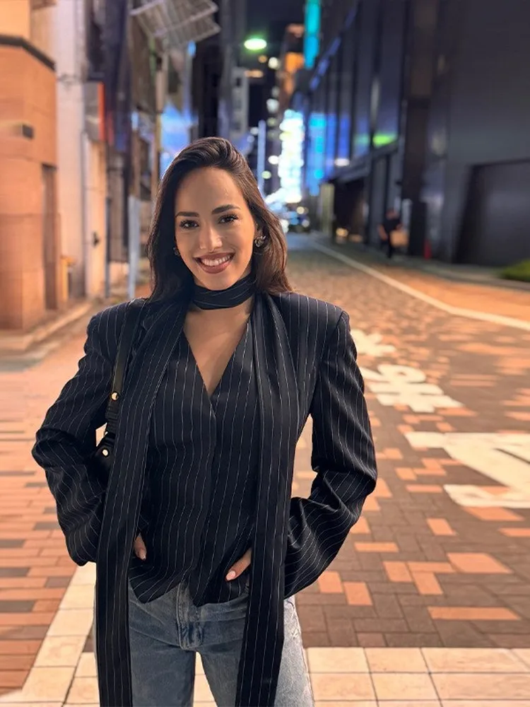 Elegant V-Neck Jacket Skirt Set Commute Scarf Neck Jacket Fashionable Suit Women's Short Length Button up Slim Fit Spring Summer