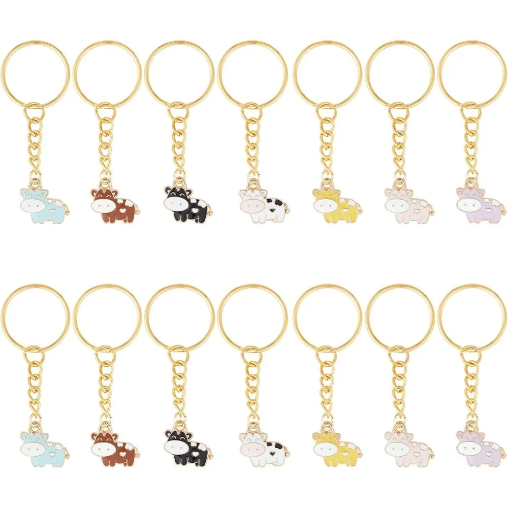 14Pcs Cow Enamel Keychains Cute Animal Farm Key Chain 7 Color Hanging Pendant Charm Keyrings Bulk for Purse Car Earphone