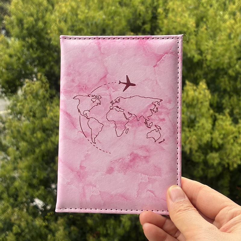 Marble Pattern Passport Cover World Map Airplane Print PU Leather Passport Holder Travel Wallet Case