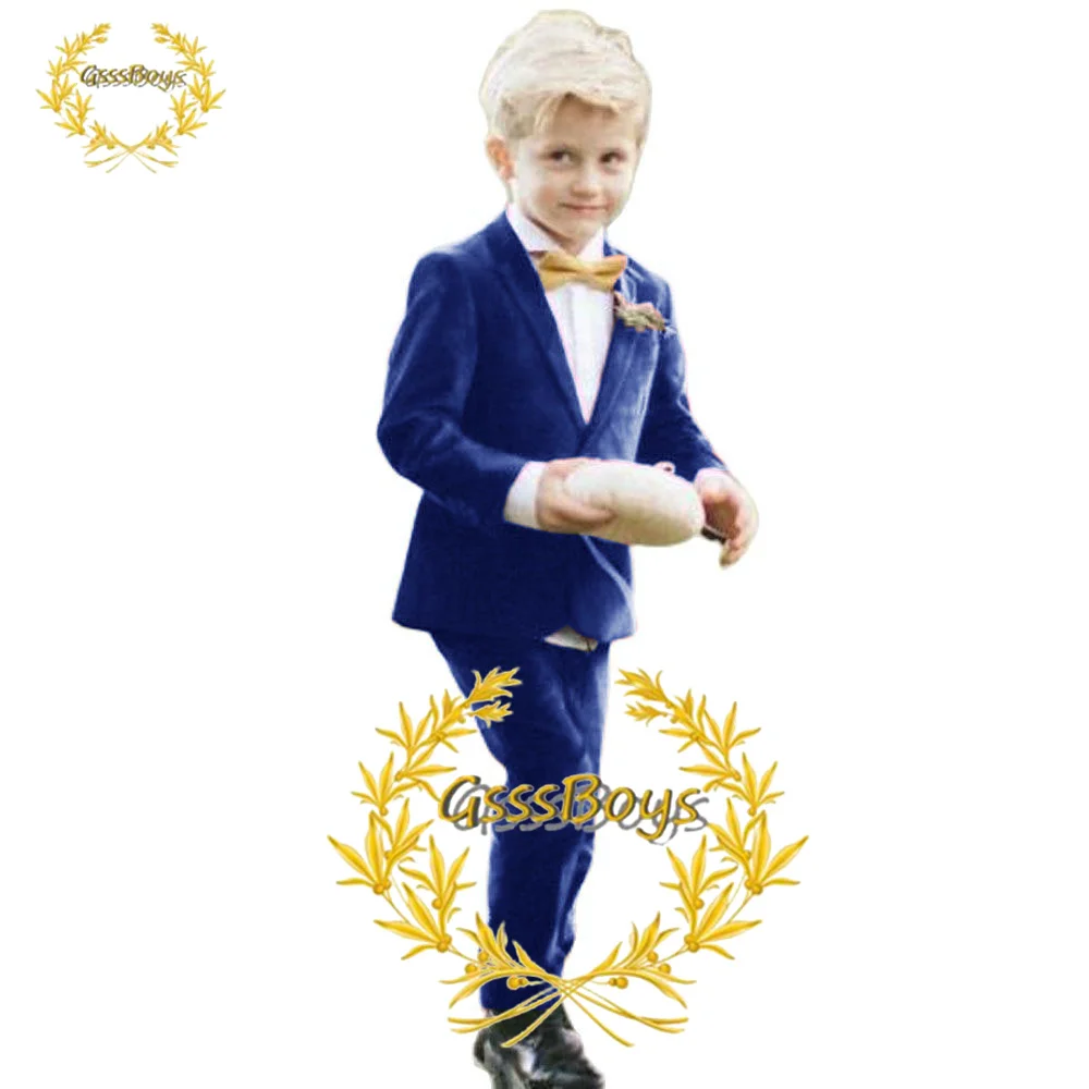 

Boys Velvet Suit 2 Piece Royal Blue Wedding Tuxedo Jacket Pants Child Full Outfit Custom Kids Blazer Set