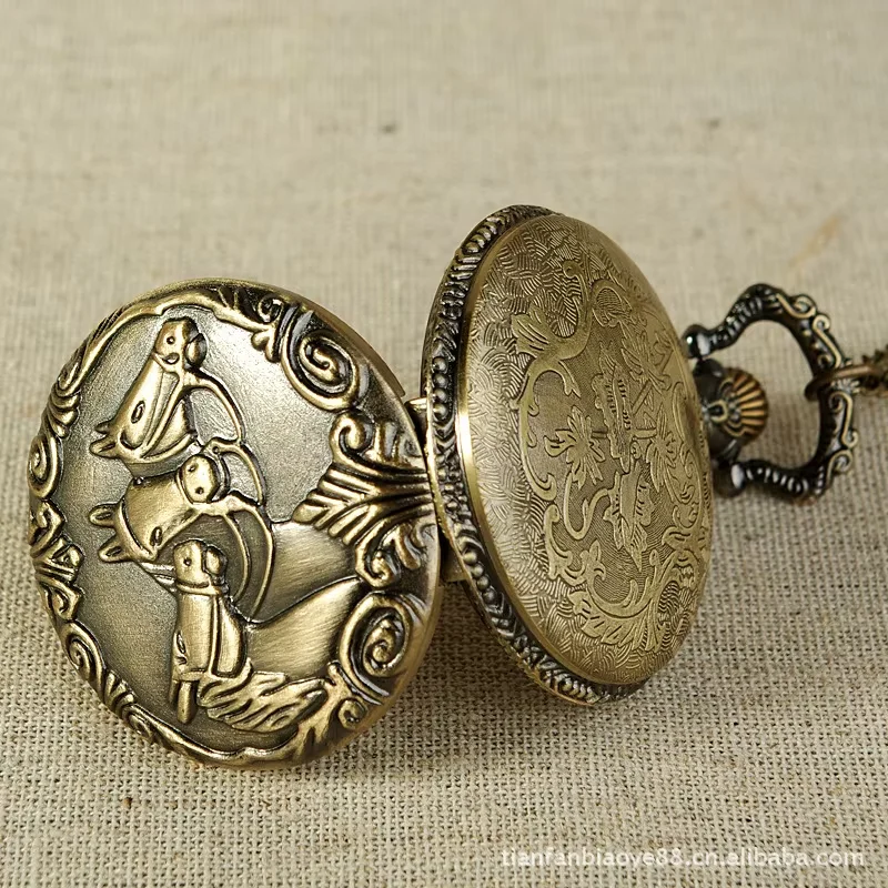 Three Horse Embossed Pocket Watch Small Size Vintage Men Women Pedant Gift Watch Bronze Dress Quartz Fashion Fob Watch