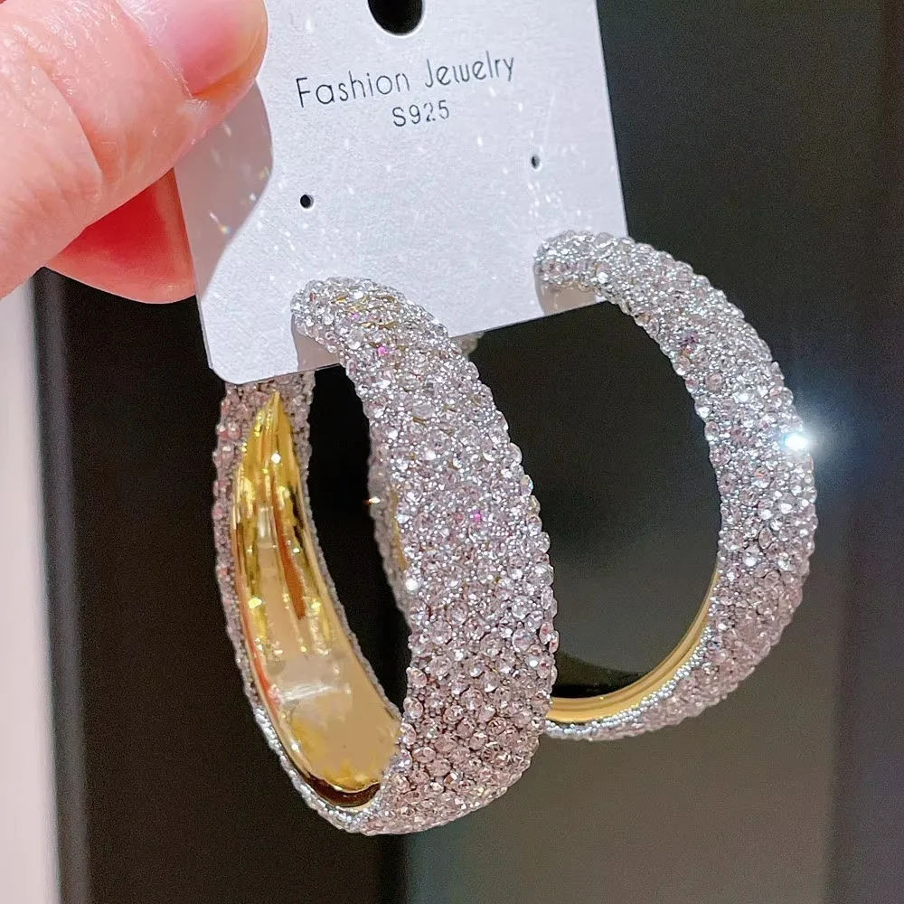 New Fashion Exaggerate Shiny Rhinestones Earrings Big Hoop Earrings Geometric Round Crystal Earrings Jewelry Accessories Gifts