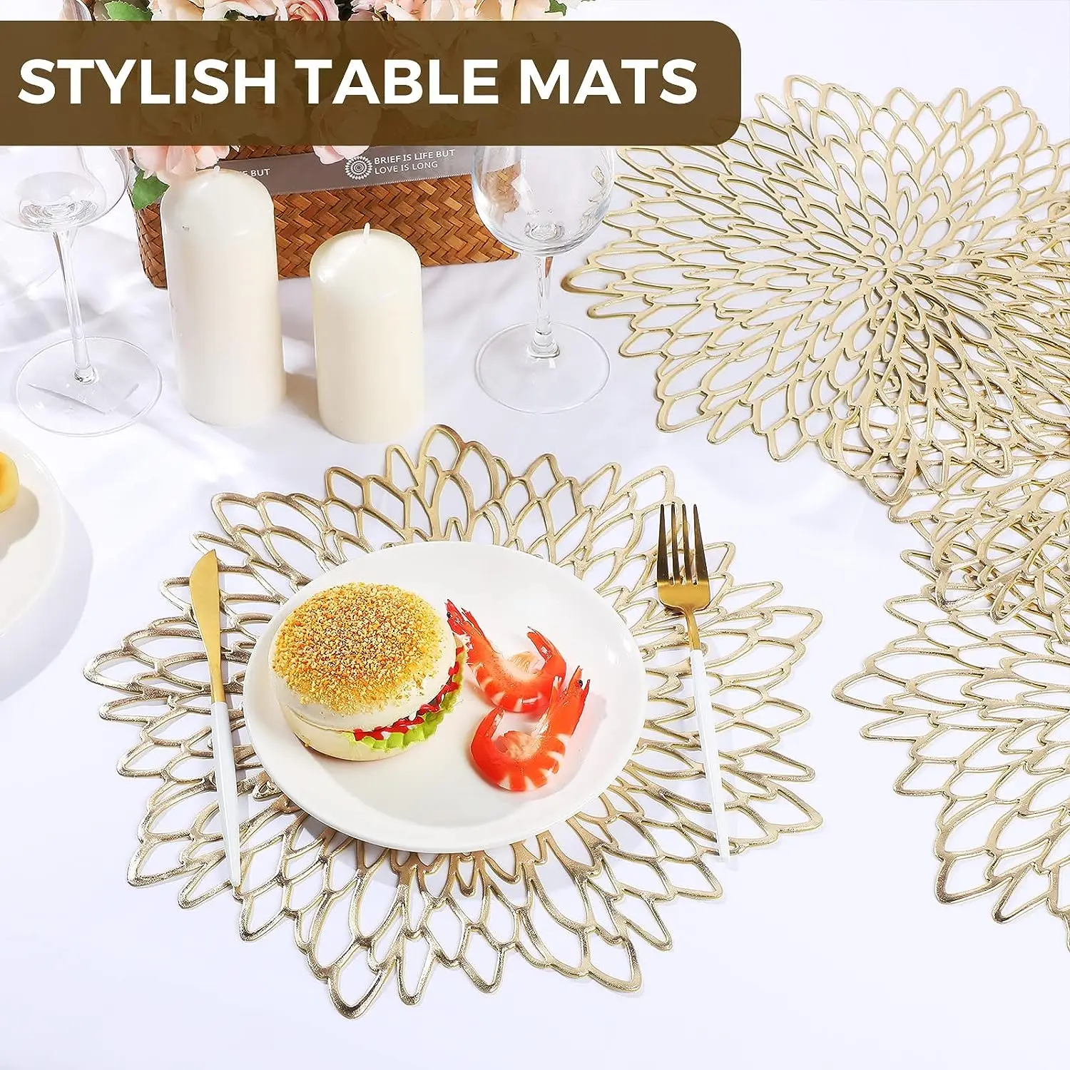 Set of 4 Metallic Placemats Set Vinyl Leaf Design Table Placemats for Christmas Thanksgiving Wedding Dinner Table Mat Coaster view 6