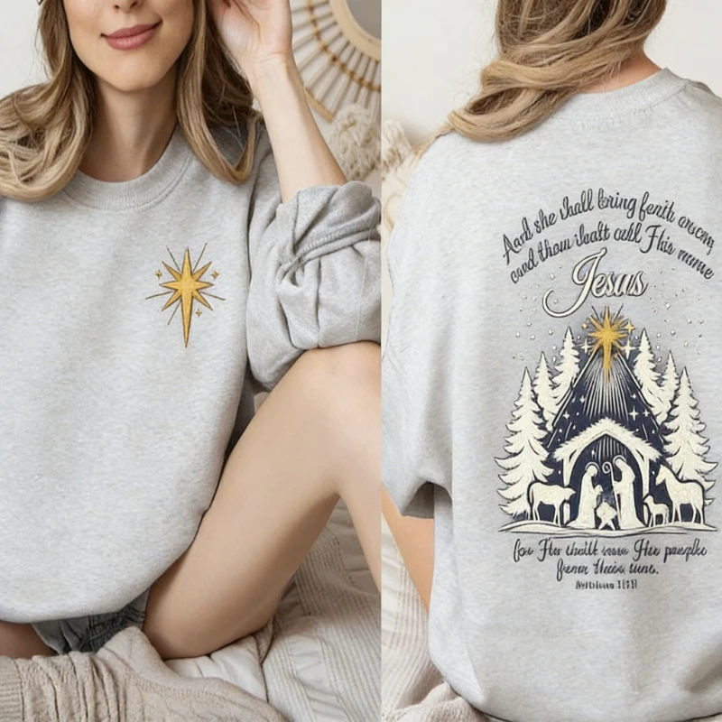 مشهد المهد امرأة مسيحية طويلة الأكمام البلوز قصة حقيقية المهد يسوع عاشق هدية الإيمان الديني مطابقة هوديس