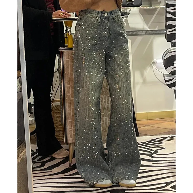 

Женские американские винтажные джинсы со стразами, уличные свободные блестящие джинсовые брюки, повседневные лоскутные ленивые прямые синие брюки