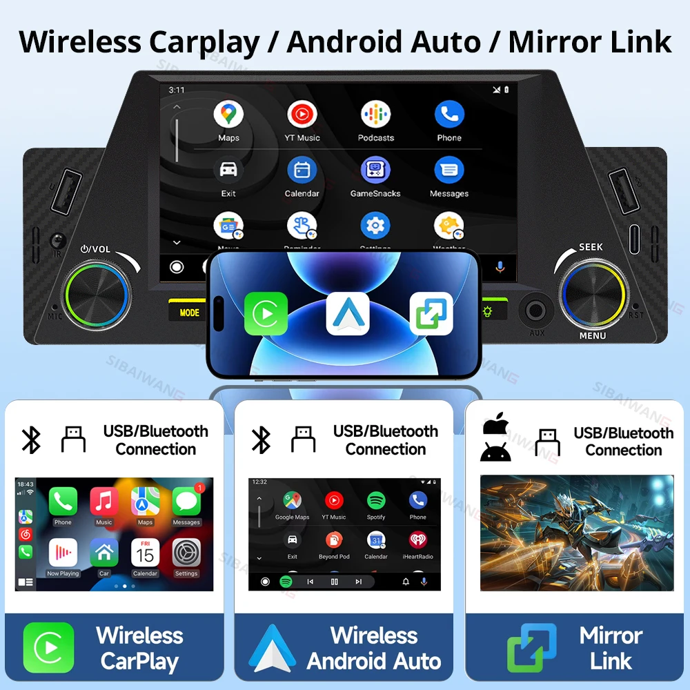 1Din Carpaly Car Radio 7'' Wireless Android Auto MirrorLink Multimedia Player USB TF Type-c Charge Bluetooth FM RDS AM Radio