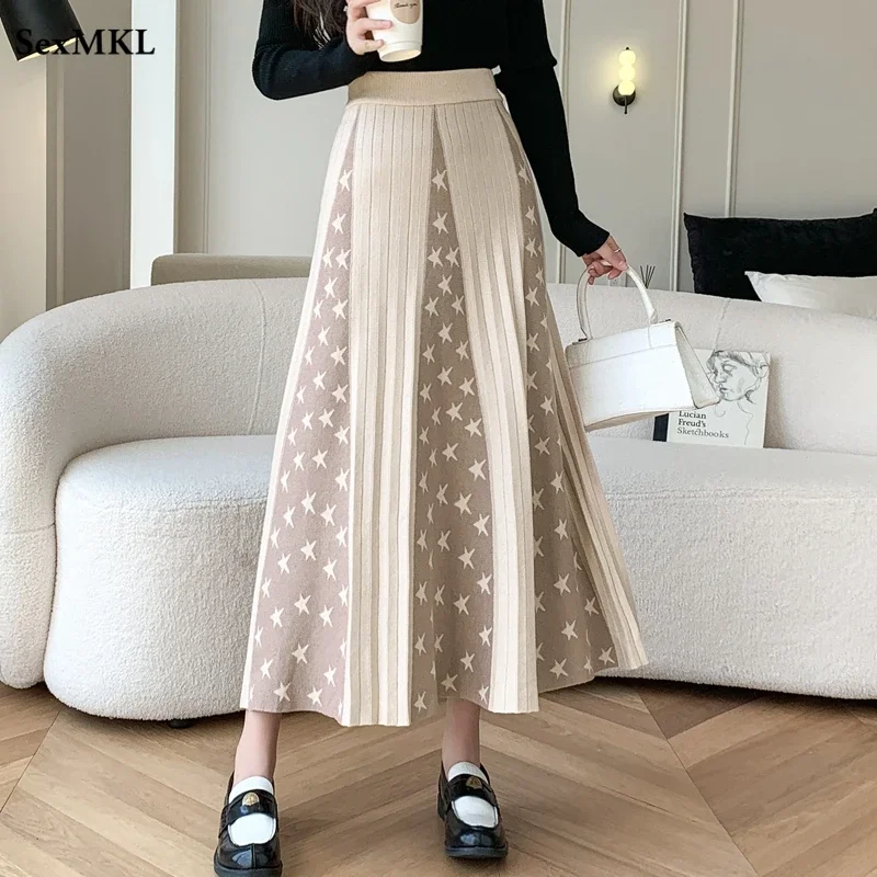 

Elegant Winter Long Skirts Women 2024 Fashion High Waist A Line Casual Faldas Korean Patchwork Knitted Harajuku Pleated Skirt