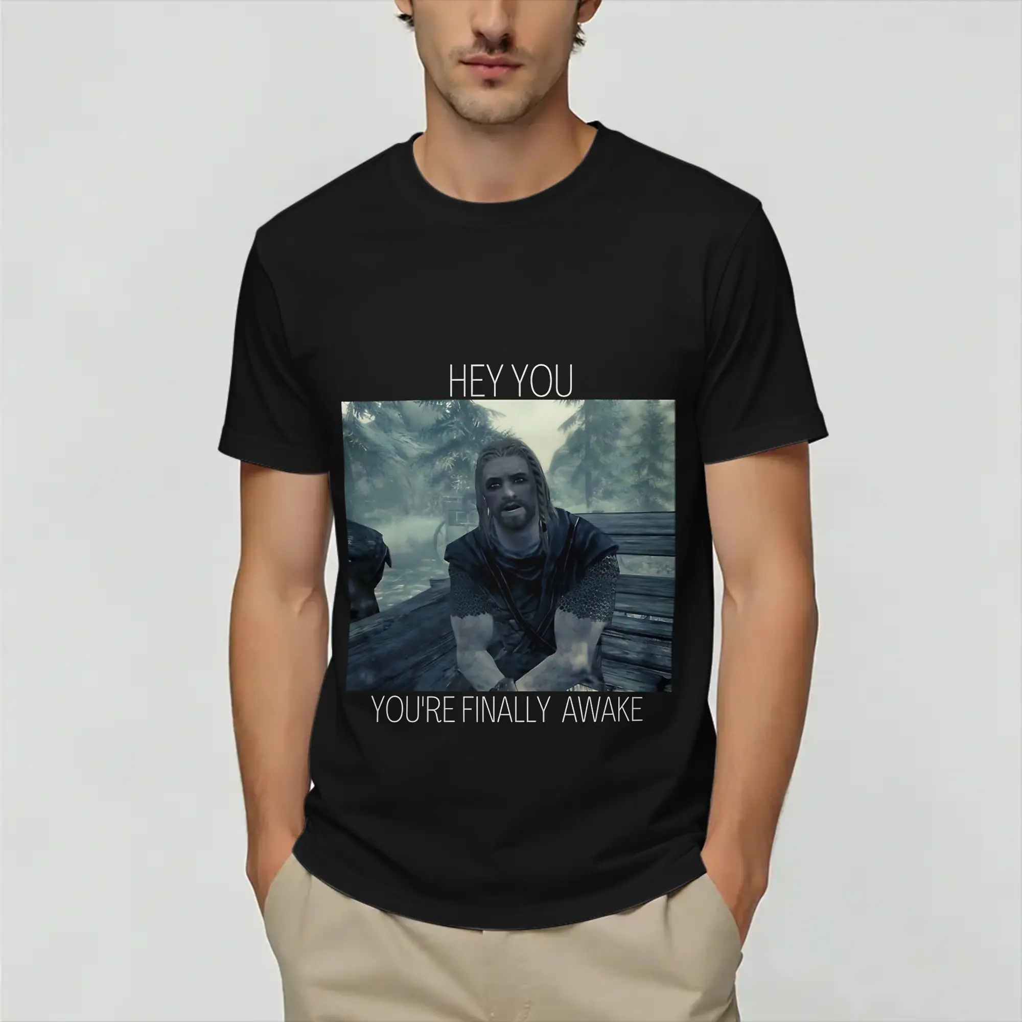 Skyrim You are Finally Awake   T-Shirt Summer  Leisure T Shirts Mens Cotton O Neck Plus Top Tees Short Sleeve Classic Tops