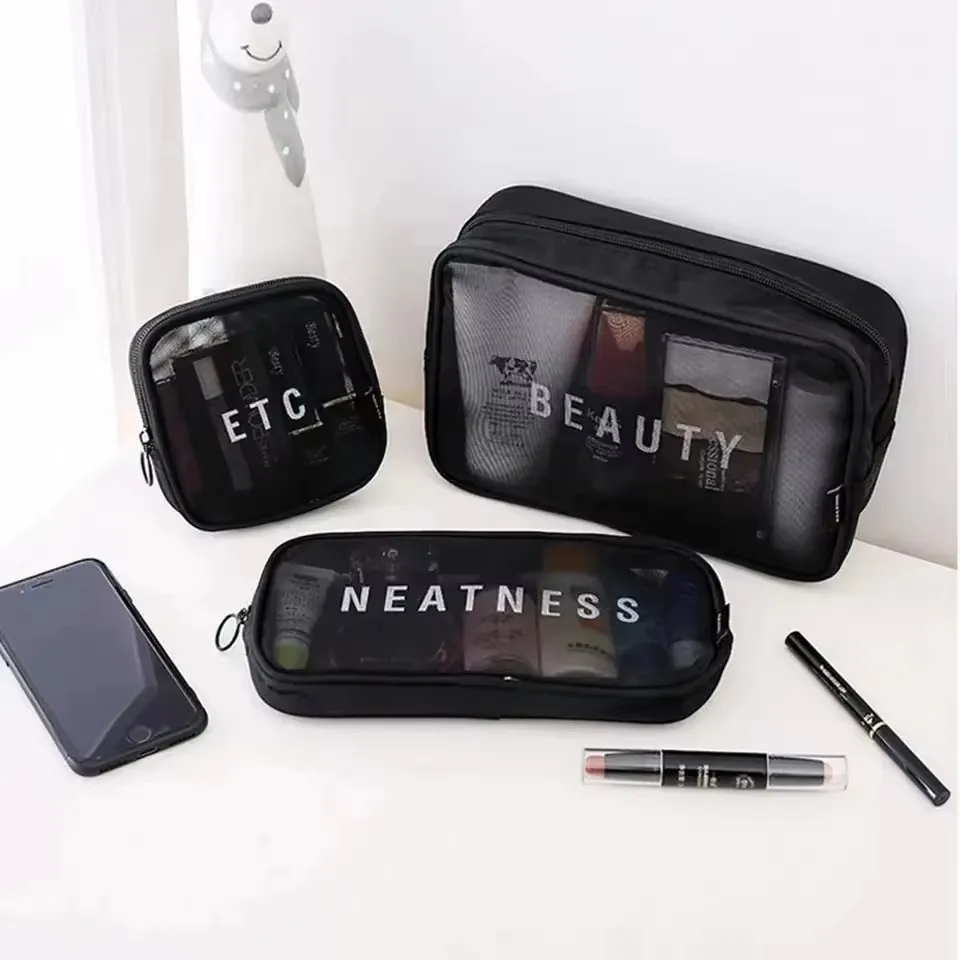 3Pcs Set Women Mesh Cosmetic Bag Travel Storage Makeup Bag Organizer Female Make Up Wash Pouch Portable Toiletry Beauty Case