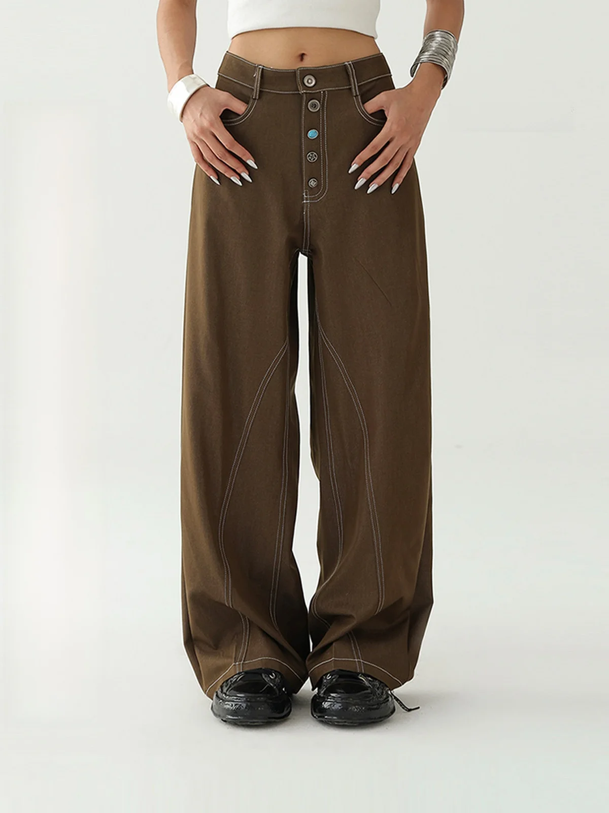 

Американские ретро-брюки с множеством пуговиц, женские, свободные, универсальные, широкие, в пол, повседневные брюки