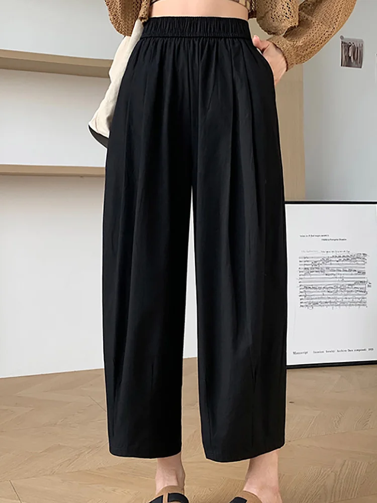 Wide Leg Pants Women Clothing Summer High Waist Elastic Casual Pockets Cotton Loose Ankle-length Pants Solid Pantalones De Mujer