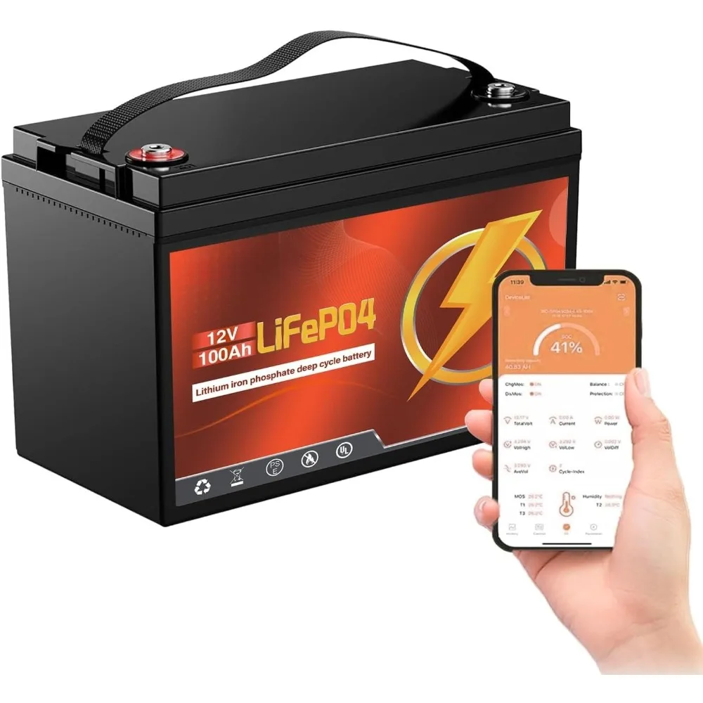 

12V 100Ah lithium battery with Bluetooth for trolling motor, RV, Comping, Marine, Solar, Off-Grid, Lifepo4 Battery Deep Cycles