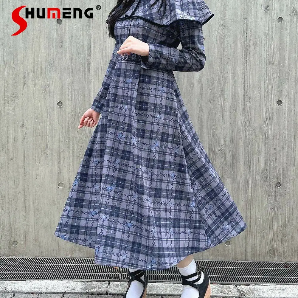 

Japanese Style Elegant Retro Cape Dress Set Plaid Print Stand Collar Bow High Waist Belt Slim Fit A-line Long Dress Women Autumn