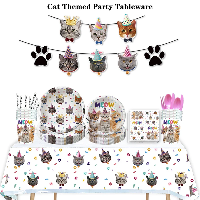 Pet Cat Theme Birthday Party Holiday Celebration Decoration Cake Decor Disposable Tableware Supplies Set