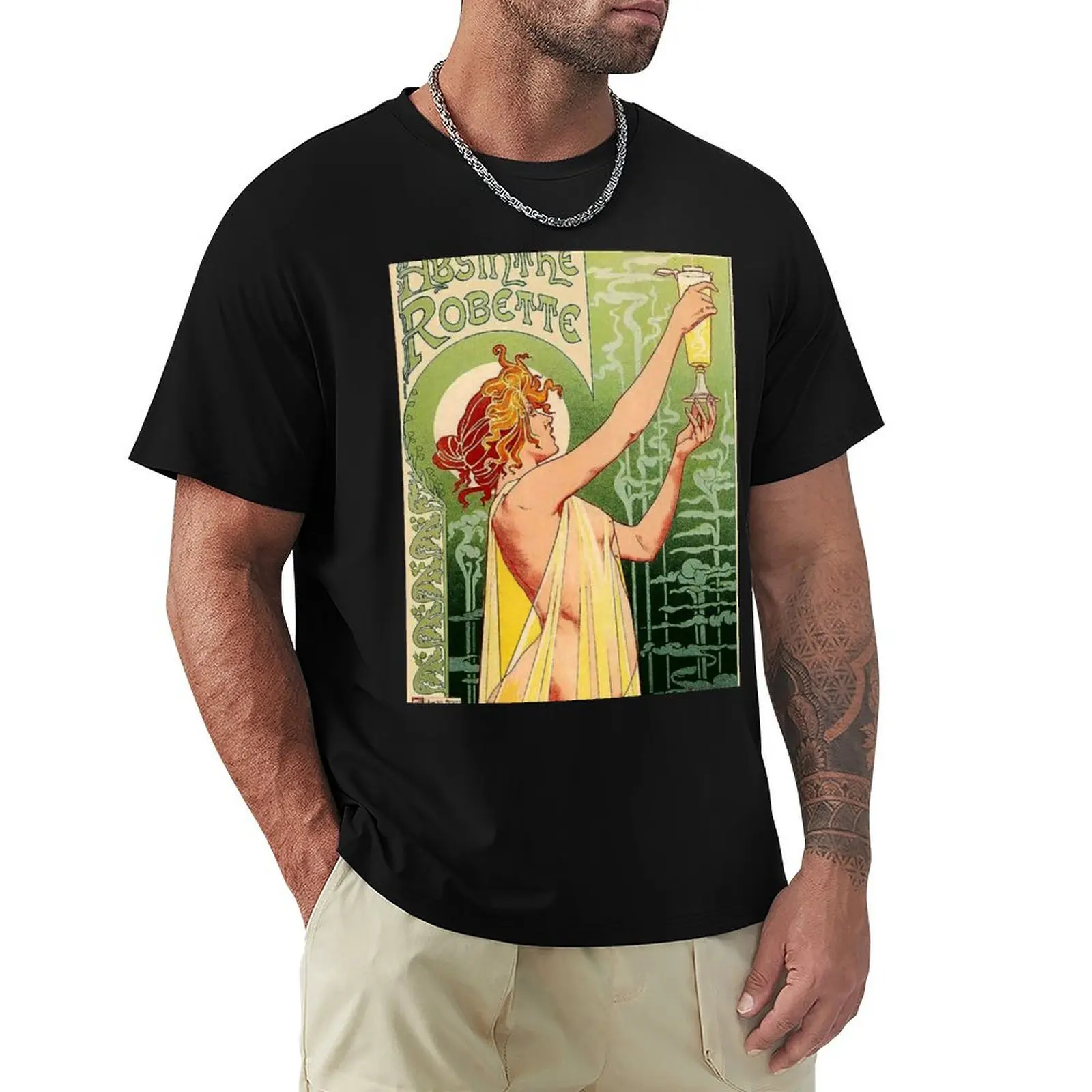 Alphonse Mucha, Absinthe Robette Vintage Alcohol Art Advert T-Shirt Breathable Basic Cotton T-Shirt